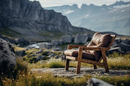 Natural Serenity: Exquisite Wooden Armchair Amidst Mountainous Splendorの素材