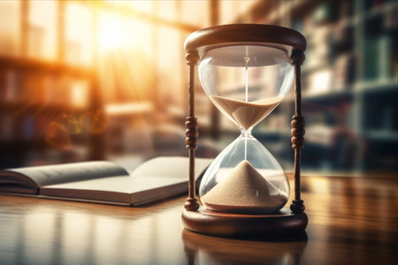 Time's Up: The Imminent Deadline - Captured in a Double Exposure of an Hourglass and the Workplaceの素材