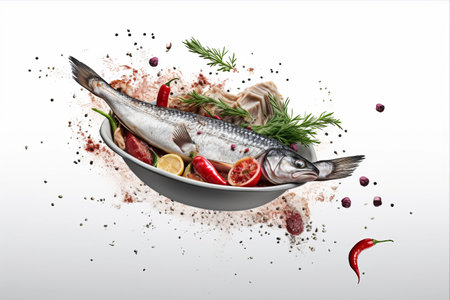 Flying Food: Exquisite Raw Sea Bass Fish with Spices and Ingredients, Awaiting Culinary Transformation in the Frying Pan â Perfectly Isolated on a White Backgroundの素材