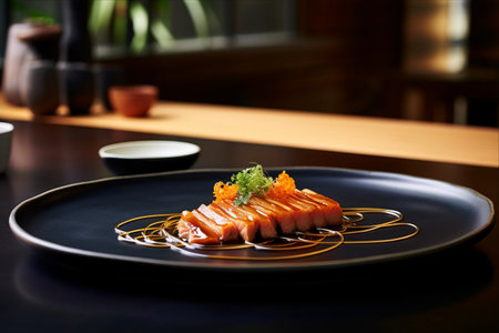 Captivating Visuals: Embracing the Natural Light and Shadows of Exquisite Raw Salmon Dish Served in a Japanese Restaurant - A Wholesome Culinary Delight with an Asian Twist!の素材