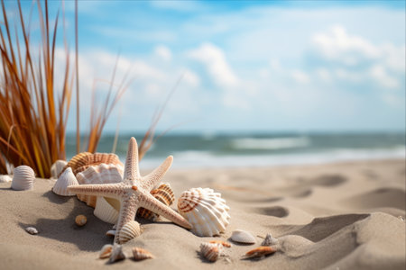 Majestic Starfish and Seashells: A Tranquil Beachscape on a Cloudy Summer Day in the Netherlandsの素材