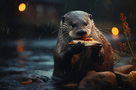 Majestic European Otter: A Captivating Image of Rain-Drenched Feedingの素材