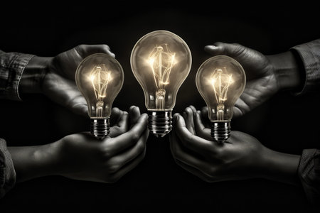 Unveiling the Unified Solution: A Mesmerizing Composite Collage Depicting Connected Minds in a Monochrome Lightbulb Puzzle Reverieの素材