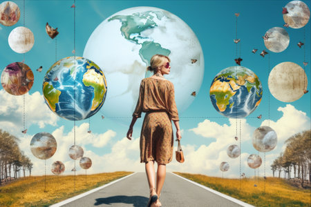 Enigmatic Expedition: A Fantastical Journey of a Young Woman Across Earth's Extraordinary Landscapes - Composite Collage Billboardの素材