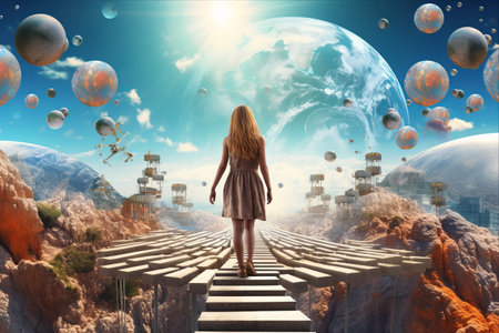 Walking Young Woman Embarks on a Bizarre Fantasy Journey Across the Unusual World: A Stunning Composite Collageの素材