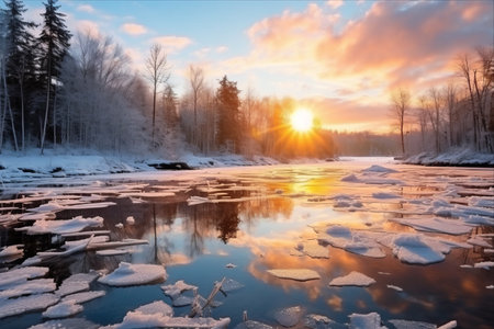 Enchanting Spring Scenes: Frozen Forest Lake, River Thaw, and Colorful Skiesの素材