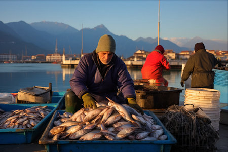 Morning Bounty: Fishermen Unveiling Fresh Adriatic Sea Catch at Numana Harbor's Marketの素材