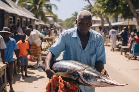 Vibrant Street Fish Market in Nungwi Village, Zanzibar: A Glimpse of African Culture and Commerceの素材