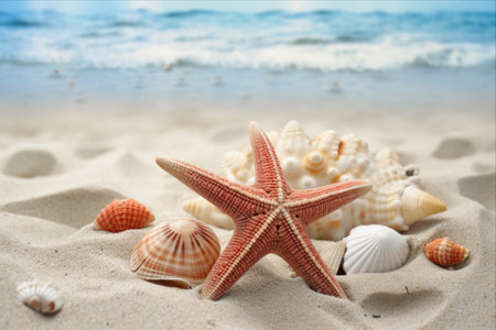 Coastal Treasures: A Delicate Dance between Starfish and Seashells on the Sandy Shores - AR 3:2の素材
