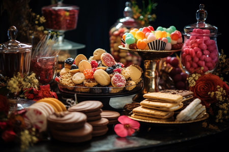 A Festive Spread: Vibrant Cookies and Assorted Sweets Delightfully Arranged on the Tableの素材