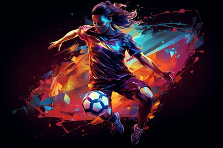 Fierce Females in Motion: Dynamic Soccer Artwork Featuring a Ballerina Footballer Amidst Vibrant Neon and Polygonal Abstract Elements. Embracing the Fusion of Art, Sport, Energy, and Grace - AR 3:2 Perspectiveの素材