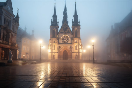Mystical serenity: Discovering the celebrated Basilica of the Birth of the Virgin Mary in Mariazell amidst a foggy Austrian morningの素材
