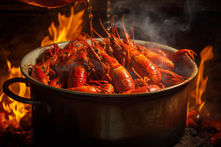 Sizzling and Tempting: Succulent Red Large Boiled Crayfish Steamed to Perfection in an Appetizing Cauldron!の素材