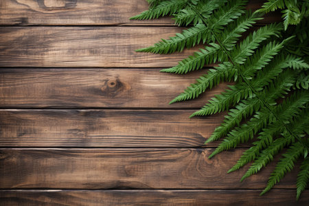 Vintage Exotic Botanical Still Life: Fern Leaf Branches on Weathered Wood Boards with Grunge Textureの素材