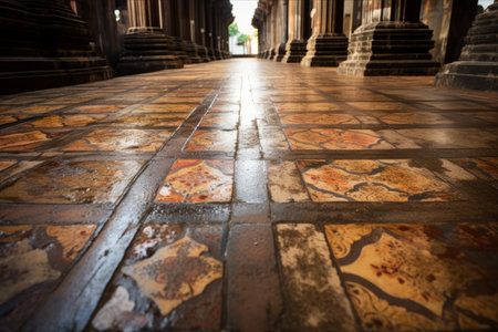 Exploring the Unique Beauty of Grungy Outdoor Floor Tiles Adorned with Traditional Thai Patterns in a Buddhist Templeの素材