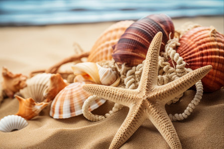 Serpentine Treasures: Starfish and Shells Adorned on Sandy Shoresの素材
