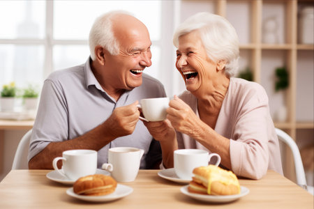 Cherishing Breakfast Moments: A Heartwarming Shot of a Senior Couple Enjoying Quality Time Together at Homeの素材