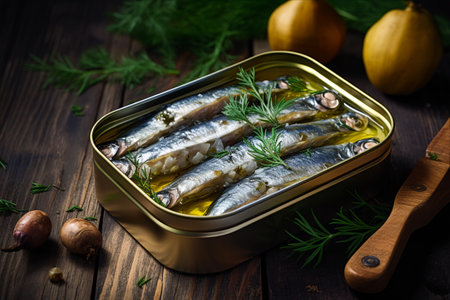 Exquisite Delights: Unveiling a Tin Can of Sprats and Sardines in Oil Marinade on a Rustic Wooden Tableの素材