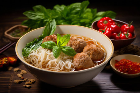 Delicious Rice Vermicelli Noodle Soup with Pork Balls Served in a White Bowlの素材