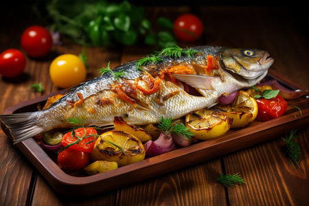 Flavorful Roasted Dorada Fish with Colorful Vegetables on Rustic Wooden Background - AR 3:2の素材
