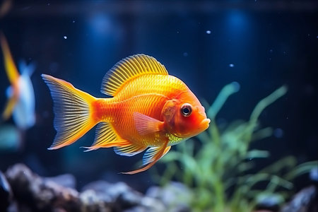 A Captivating Encounter: Marveling at the Vibrant Orange Parrot Fish and Red Parrot Cichlid in the Enchanting Aquariumの素材