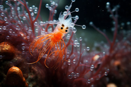 Vibrant Encounter: Orange Skeleton Shrimp Revealing Eggs on Hydroid Reef in Tulamben, Indonesiaの素材