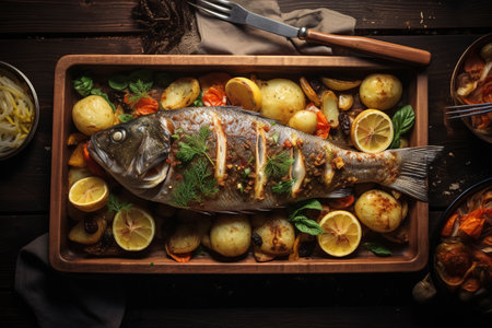 Savory Delights: Delectable Roasted Fish and Potatoes elegantly presented on a Wooden Trayの素材