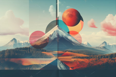 Enigmatic Landscapes Unveiled: An Inspiring Fusion of Retro and Surrealism in a Multicolored Contemporary Art Collageの素材