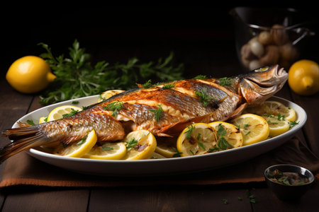 Lemon-Onion Roasted Trout: A Perfectly Grilled Delight on a Plateの素材