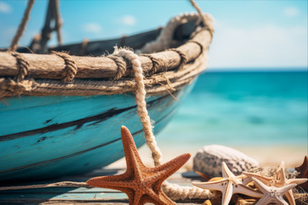 Seafaring Serenity: A Captivating Scene of Starfish on a Vintage Dhow Boat Amidst the Turquoise Indian Ocean Wavesの素材