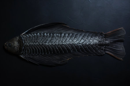 Fishtail Elegance: Captivating Overhead View of a Fish's Tail on a Textured Black Surfaceの素材