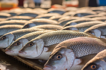 Rows of Fresh Tilapia for Sale: A Fish Lover's Delight at the Supermarketの素材