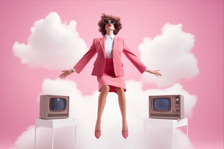 Pink Suit Leaper: A Contemporary Art Collage Embracing Media, Fashion, and Dynamism in a Flyer-Worthy Magazine Styleの素材