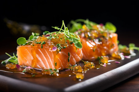 Exquisite Presentation: Salmon Tartare on a Rustic Wooden Tableの素材