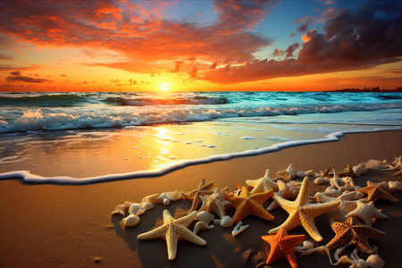 Enchanting Coastal Serenity: A Captivating Starfish Beach Sand Sea Landscapeの素材