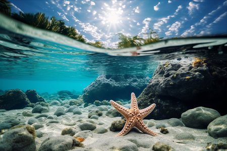 Majestic Beauty: Starfish Camouflaged in Clear Waters amid Vibrant Coral Reef - AR 3:2の素材
