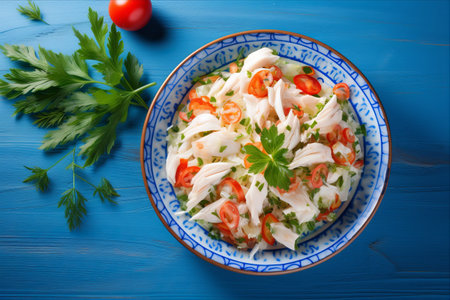 Delightful Crab Stick Salad: A Vibrant Treat on Blue Wooden Backdropの素材