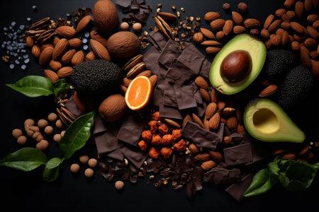Copper-rich Delights: Exploring Nature's Cu-Packed Bounty of Fresh Fruits, Veggies, Nuts, Seeds, Dark Chocolate, Avocado, Spirulina, and Sweet Potatoの素材