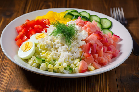 Delicious Crab Stick Salad: A Perfect Harmony of Freshness and Creaminess on Rustic Wooden Tableの素材