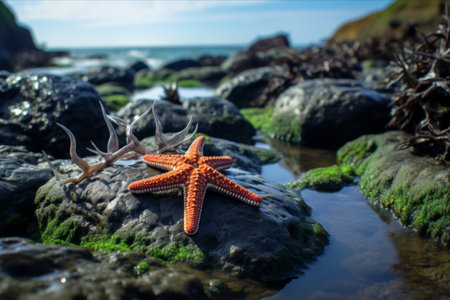 Serene Coastal Beauty: Starfish Perched on a Rockの素材