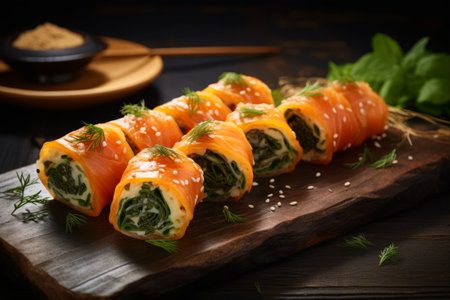 Delectable Salmon and Cheese Rolls: A Tantalizing Feast of Flavors, Presented on a Rustic Wooden Table, Accented with Crispy Seaweed Chips and Delicate Sticks --ar 3:2の素材