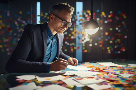 Analyzing Financial Project Statistics: A Close-up of a Confident Businessman in Glasses Writing Notes on Colorful Stickersの素材