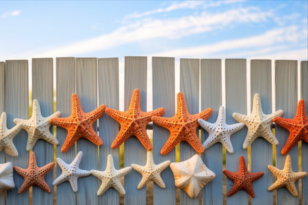 Framing Nature's Wonders: A Starfish Collection adorning a Beach Fence in Exquisite 3:2 Aspect Ratioの素材