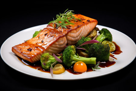 Deliciously Balanced: Savory Salmon Fillet and Mixed Vegetables Delight, Served at a Perfect 3:2 Ratioの素材