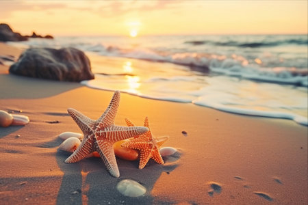 Sunset Serenade: Vintage Style Starfish on a Seashore - A Captivating Travel Conceptの素材
