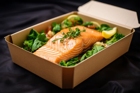 The Perfect Lunch Solution: Grilled Salmon Fish Fillet Delivered in a Gourmet Cardboard Box for Your Business Lunchの素材