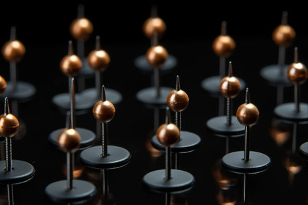 Stunning Close-Up: Push Pins Popping Over Chic Black Backgroundの素材