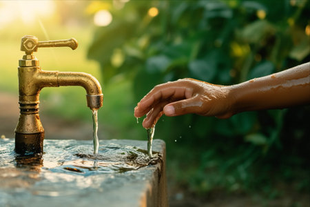 The Patient Await: Symbolizing Water Scarcity on Earth Day - Close Up of a Child's Hand Expectantly Anticipating a Water Drop from an Aged Brass Faucet Against a Serene Tree Bokehの素材