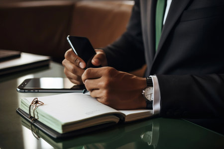 Efficiently Organizing Business Ventures: A Close-Up of a Businessman Mastering Scheduling on Cellphone With a Penの素材