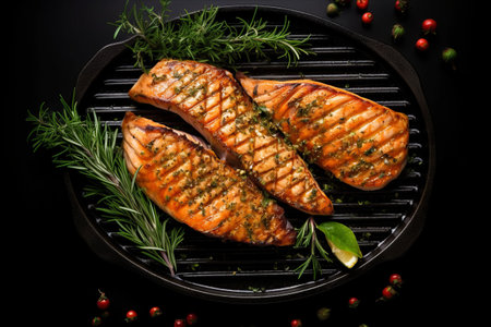 Grilled Herb-infused Salmon Fish Steak: A Mouthwatering Delight from a Top View on a Black Backgroundの素材